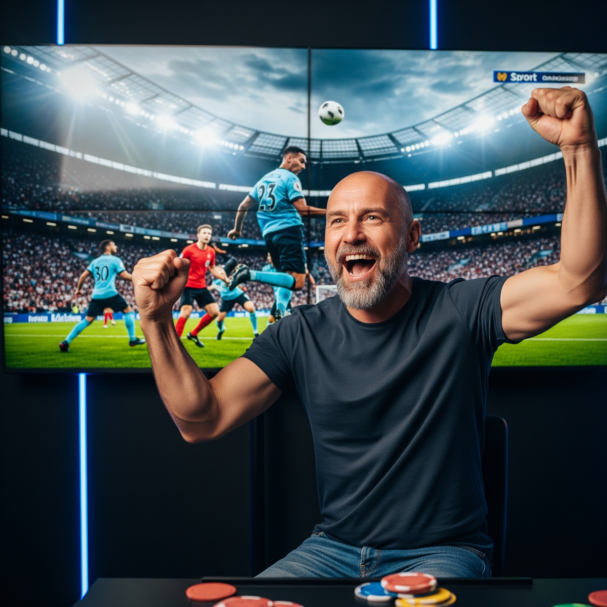 Man celebrating enthusiastically while watching sports on a screen, representing sports betting wins